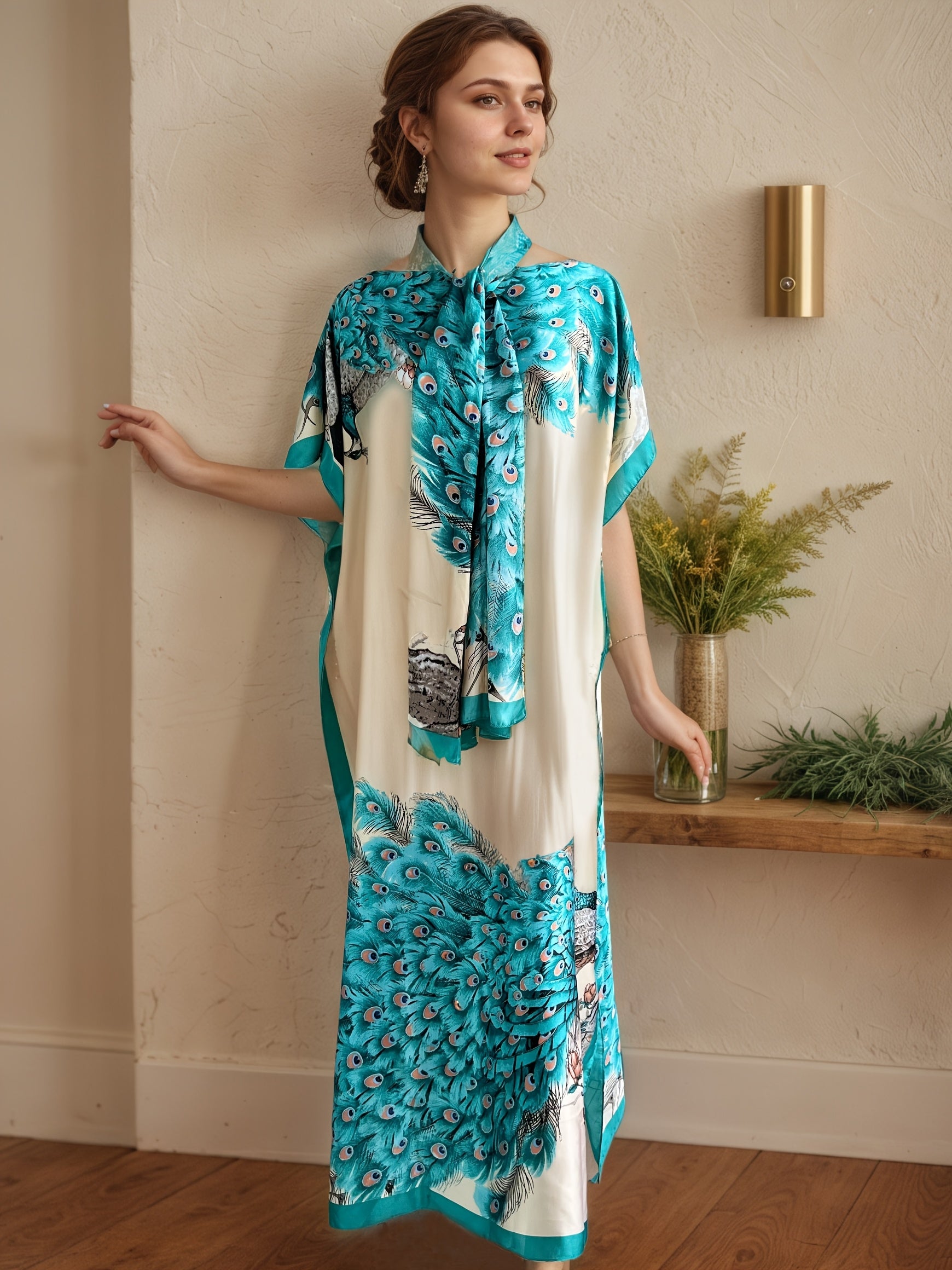 Plus Size Women's Peacock Print Maxi Dress with Scarf, Blue Beige All-Season Casual