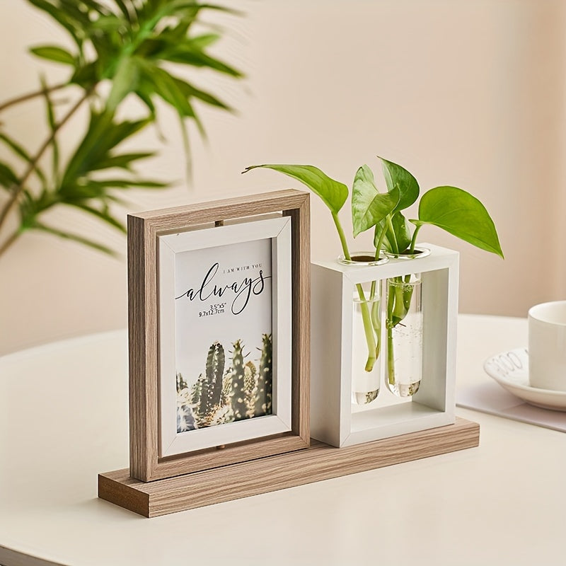 Hydroponic Plant Photo Frame with Glass Vase Wooden Desktop Decor for Living Room Study or TV Cabinet
