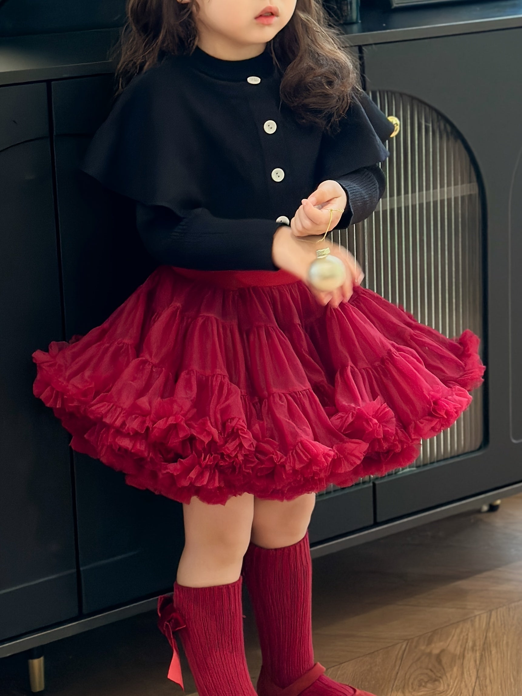 Girls' Princess Skirt in Wine Red Baroque Style with Tulle Overlay for All Seasons