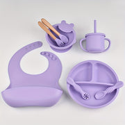 Juego de vajilla de silicona para niños pequeños, 8 piezas, incluye plato, cuenco, cuchara, tenedor, pajita, taza, babero, libre de BPA, no tóxico, apto para lavavajillas, para edades de 0 a 3 años