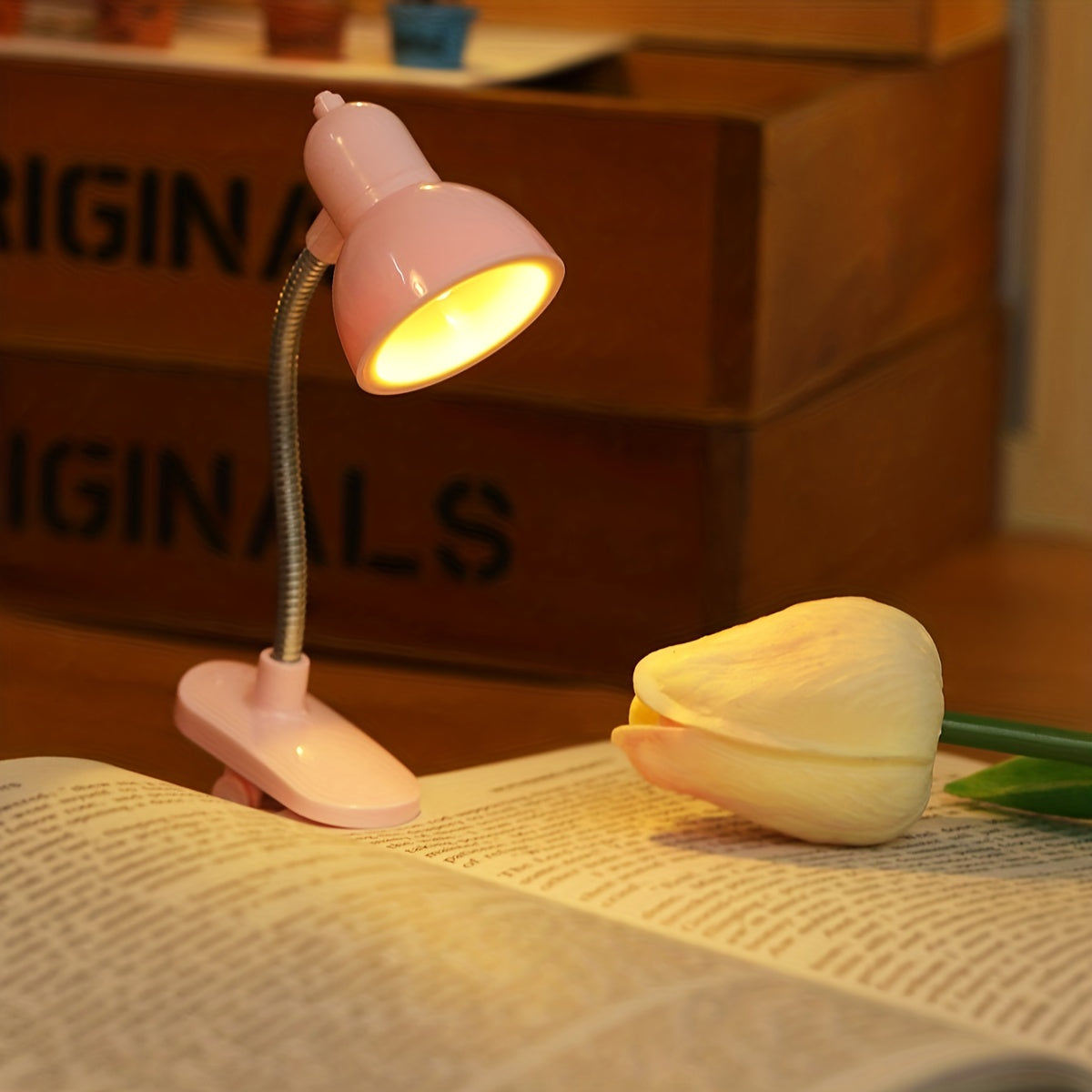 Mini Clip-On Reading Lamp with Push Button Control Adjustable Arm Night Light Plastic