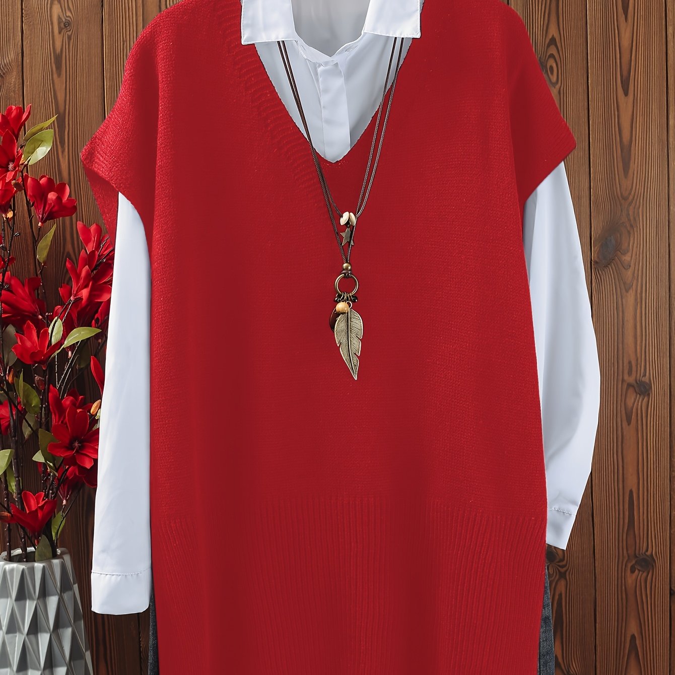 Katta o'lchamdagi ayollar uchun yirtqichlari bo'lgan bir rangli V-yuqori pullover.