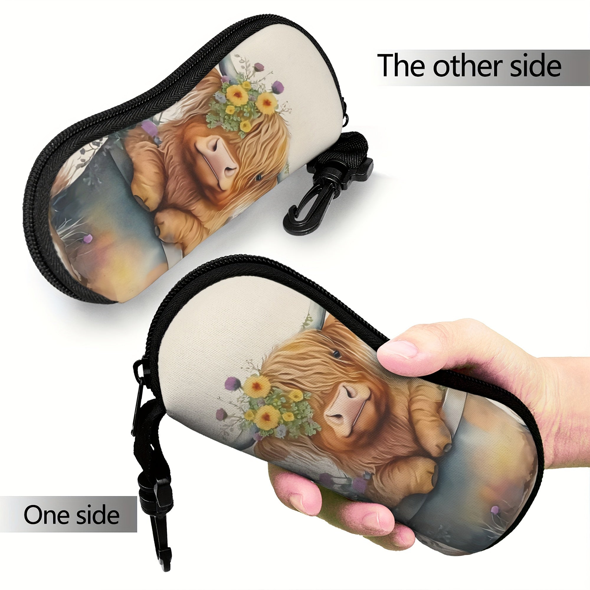 Highland Cow Print Glasses Case Neoprene Eyewear Pouch with Zipper and Belt Clip for Women