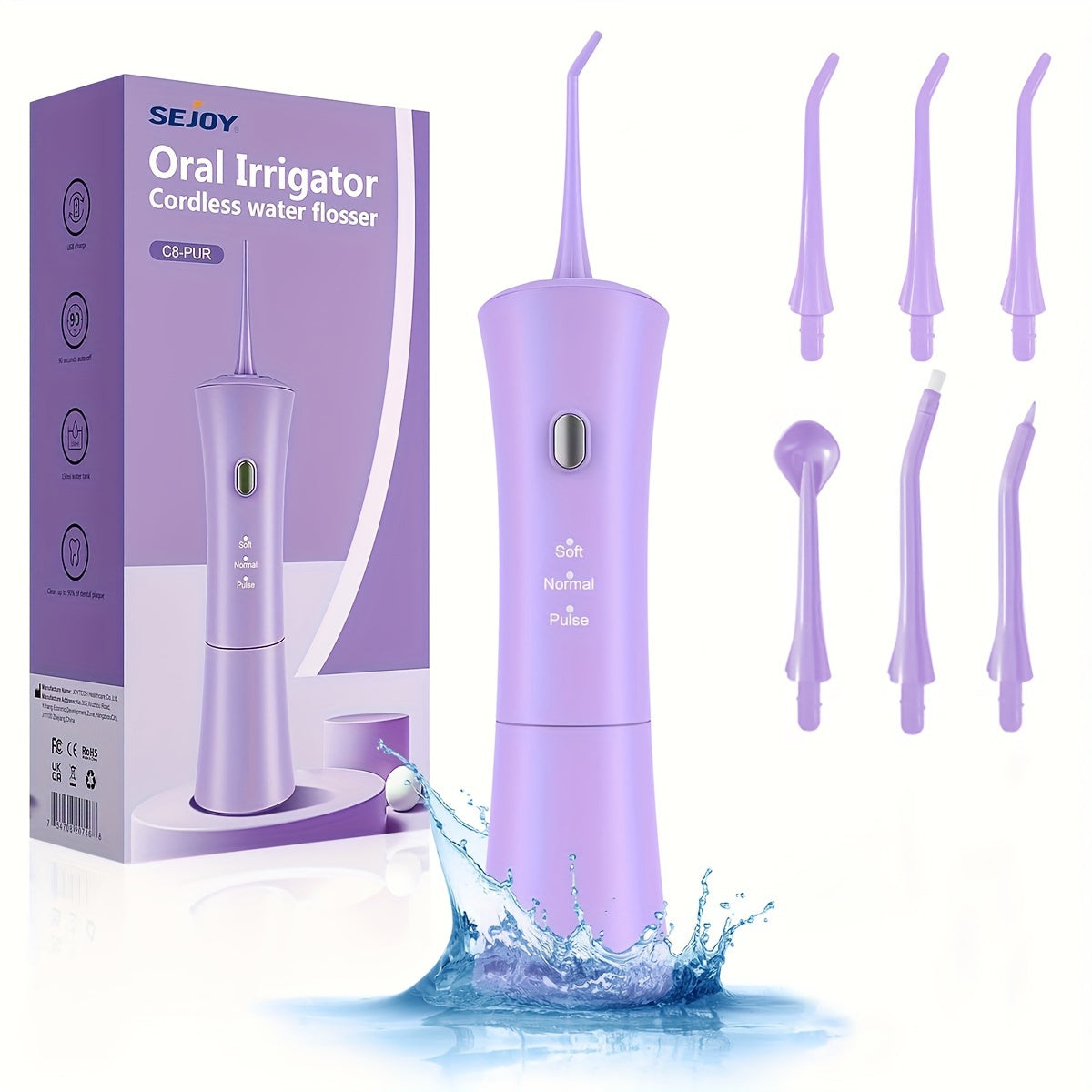 Hilo dental de agua inalámbrico con 3 modos, 6 boquillas de chorro, recargable por USB, batería de 1200mAh