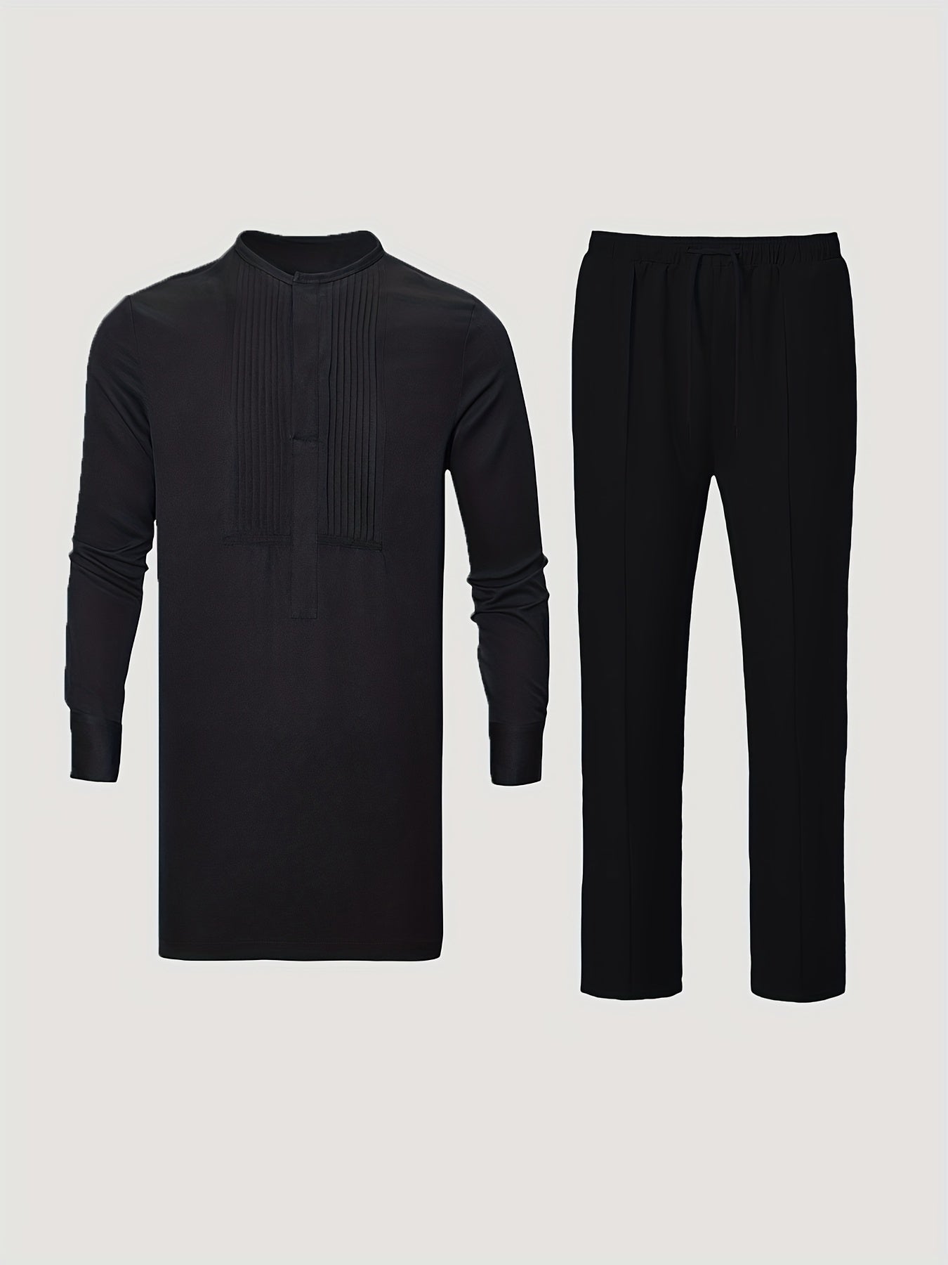 Men's Plus Size African Dashiki Set Long Sleeve Casual Black Polyester Pleats Drawstring Pants