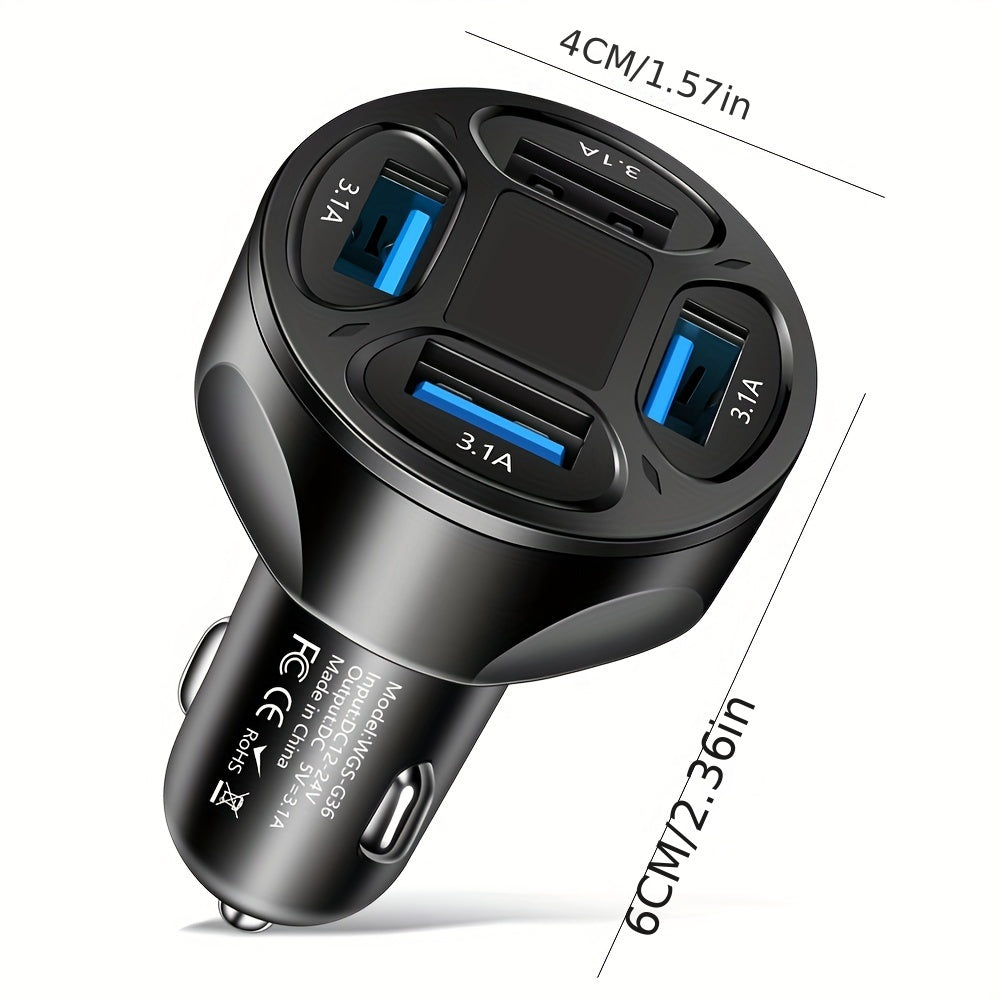 Car Charger 4-Port USB with LED Display Durable ABS Compact Black/White