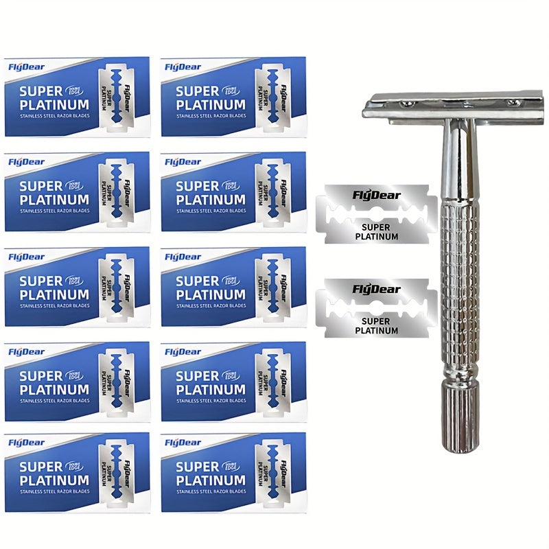 Men Reusable Zinc Alloy Safety Razor with Long Handle and Double Edge Blades