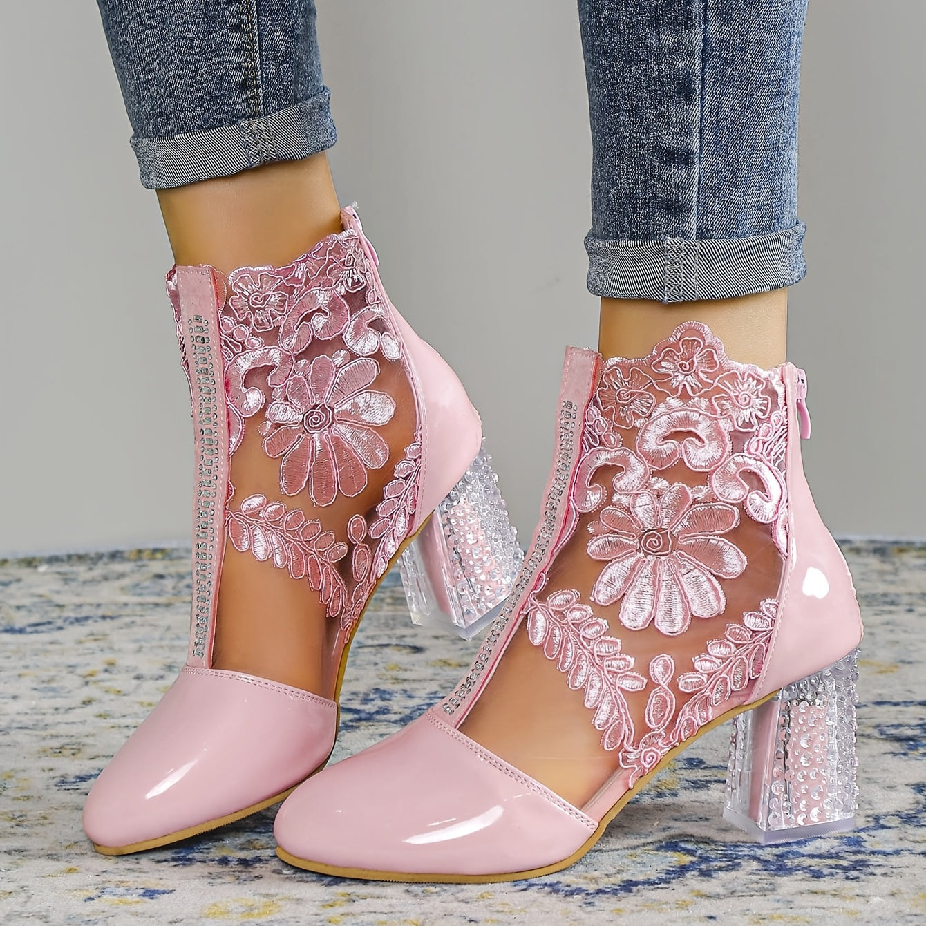 Women's Lace Ankle Boots Pink Clear Heeled Short Boots with Zipper