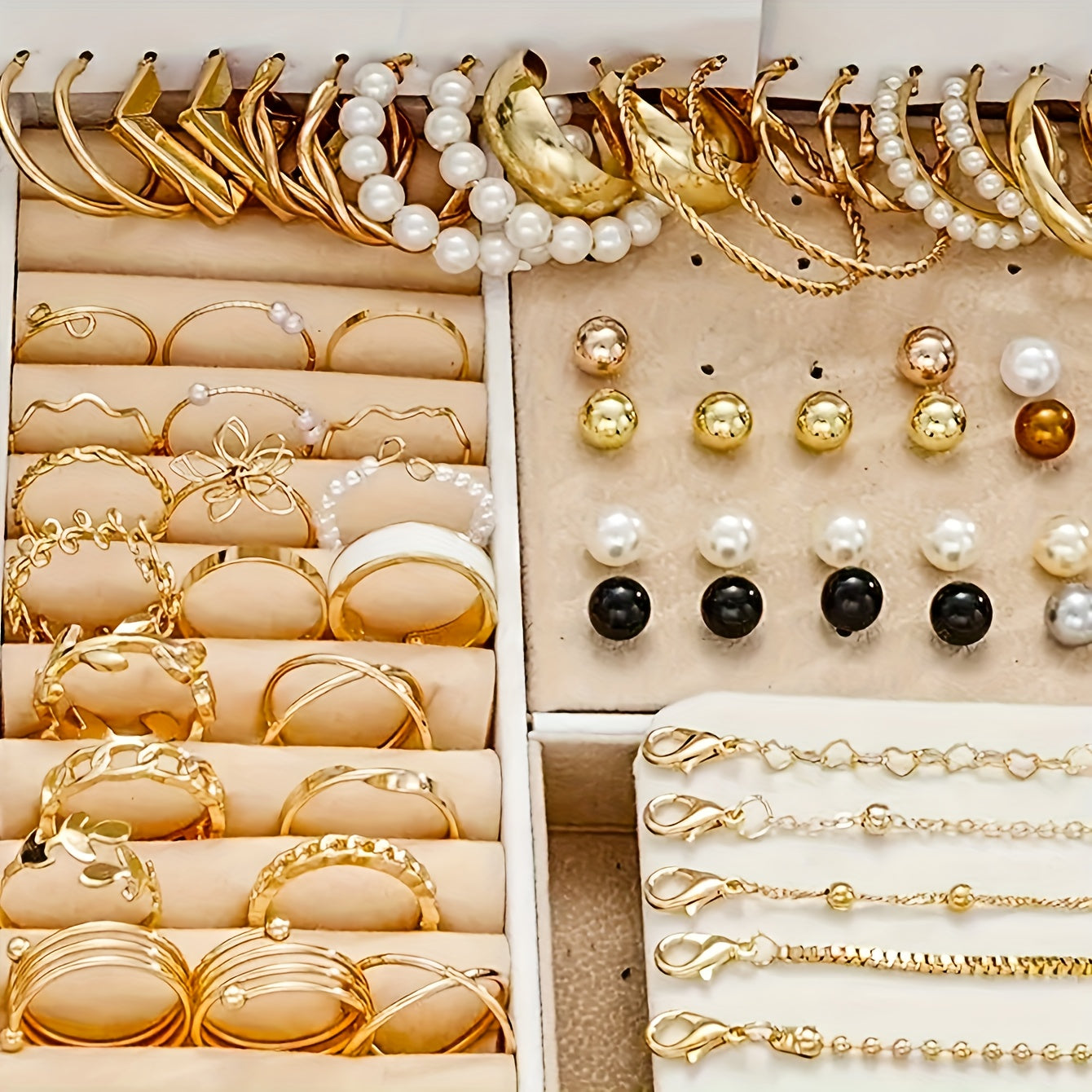 Women's Gold and Pearl Jewelry Set with Stud Earrings Necklaces Rings and Bracelets