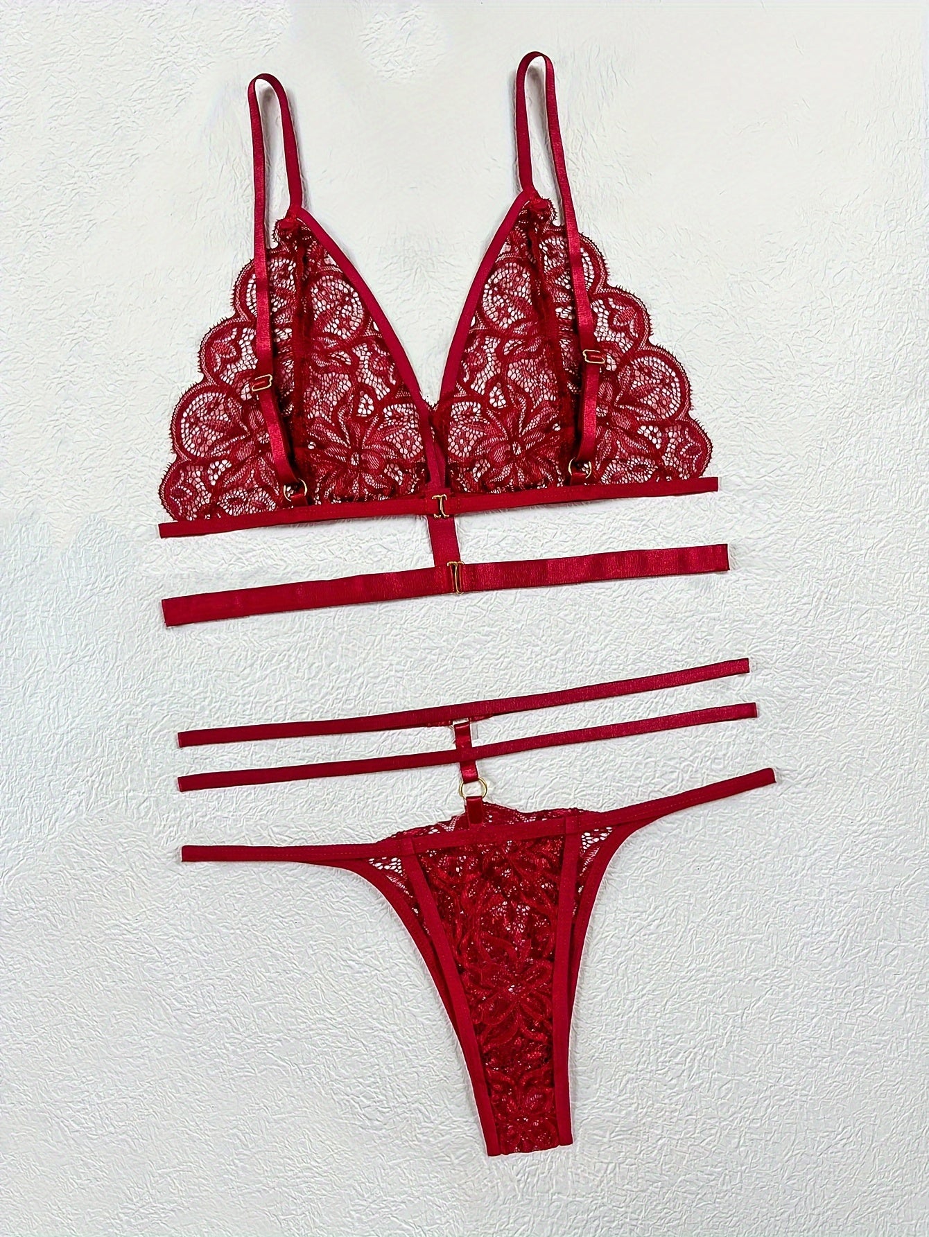 Women's Burgundy Lace Lingerie Set with See-Through Bra and Hollow Panties