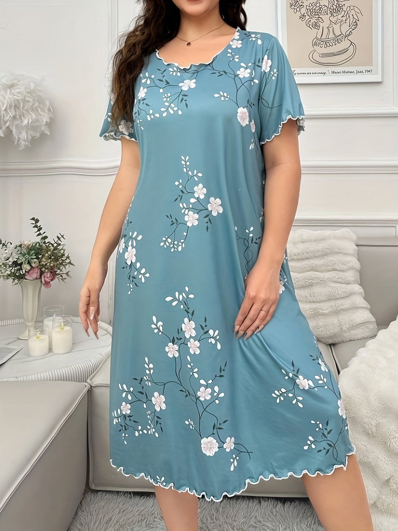Plus Size Floral Short Sleeve Nightgown Sleep Dress Lightweight Comfortable
