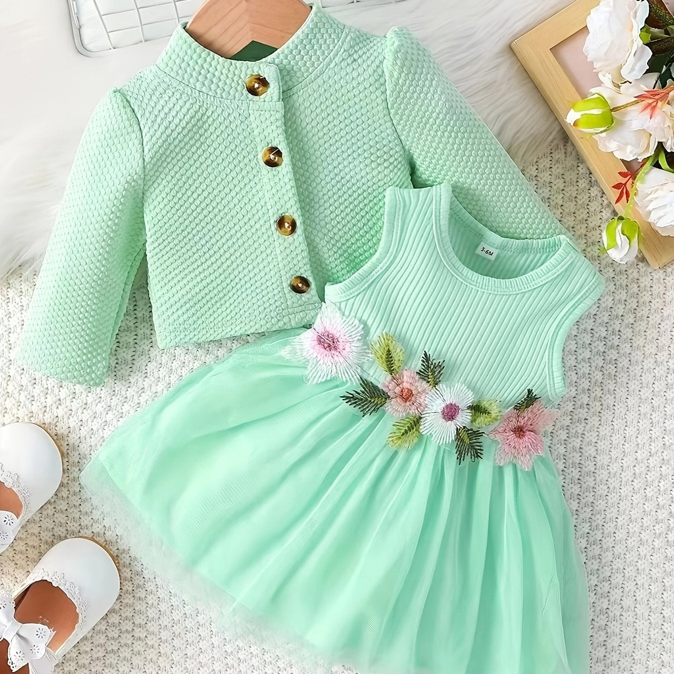 Girls Floral Dress Set with Long Sleeve Jacket and Bubble Skirt for Spring Fall