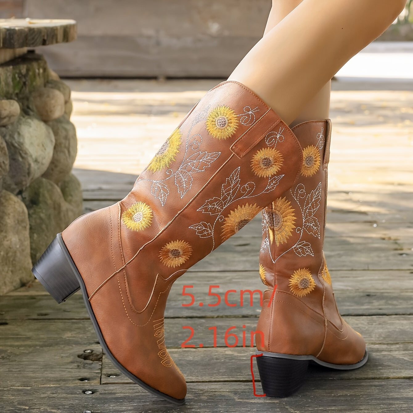 Women's Embroidered Faux Leather Western Cowboy Boots Pointed Toe Mid-Heel