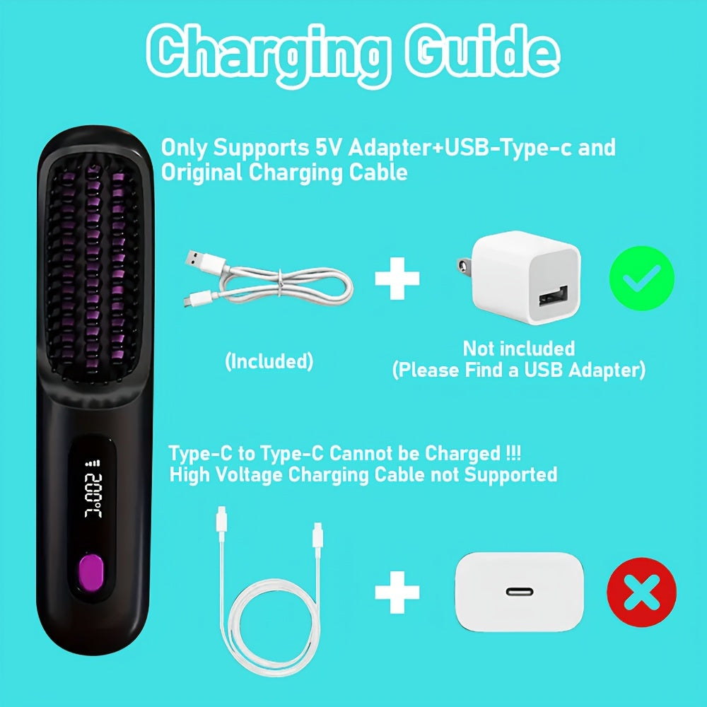 Portable Straightening Brush 3 Temp Settings Quick Heating LED Display USB Charging 2000mAh Battery