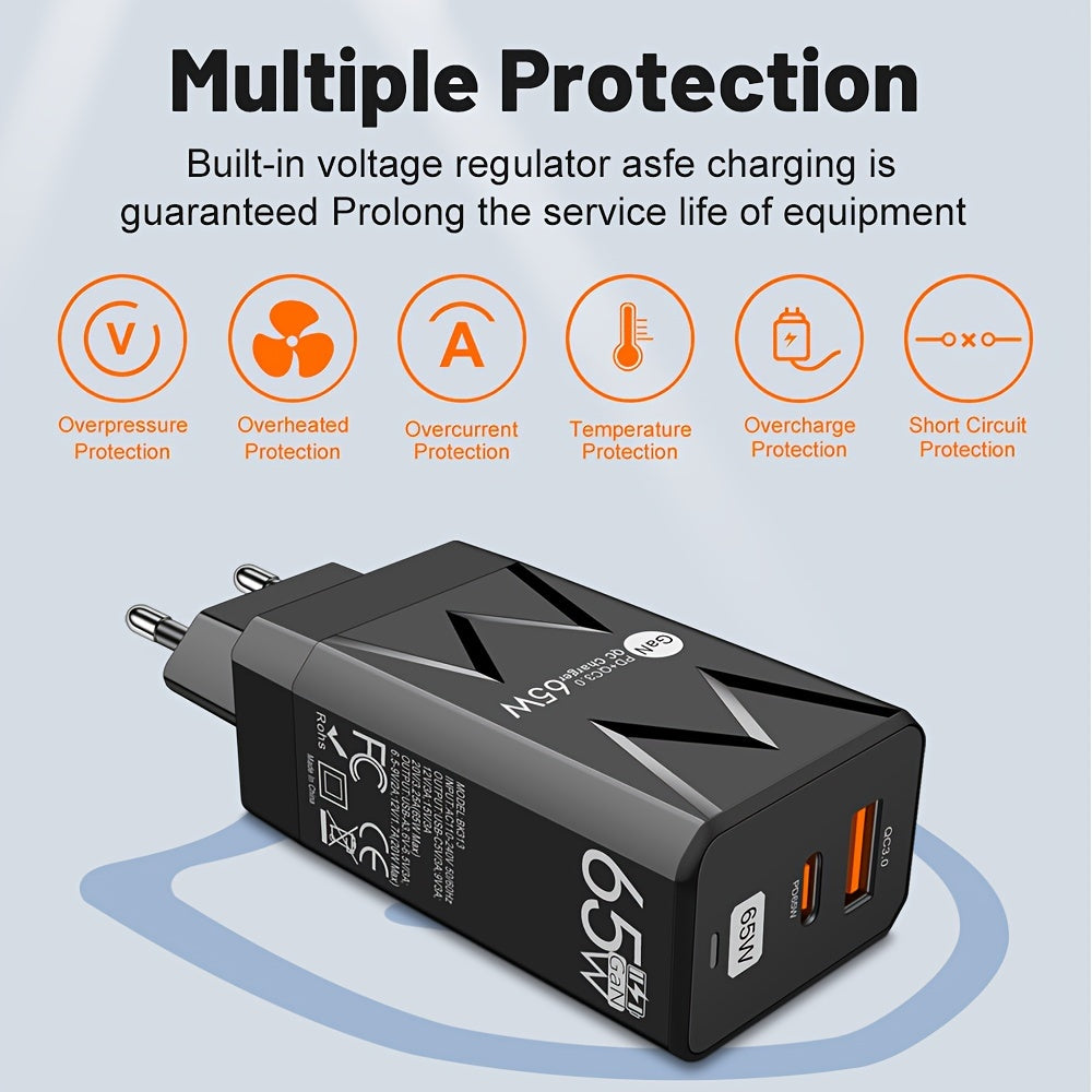 65W PD and 20W USB GaN Wall Charger EU Plug Fast Charging Portable Travel Power Adapter