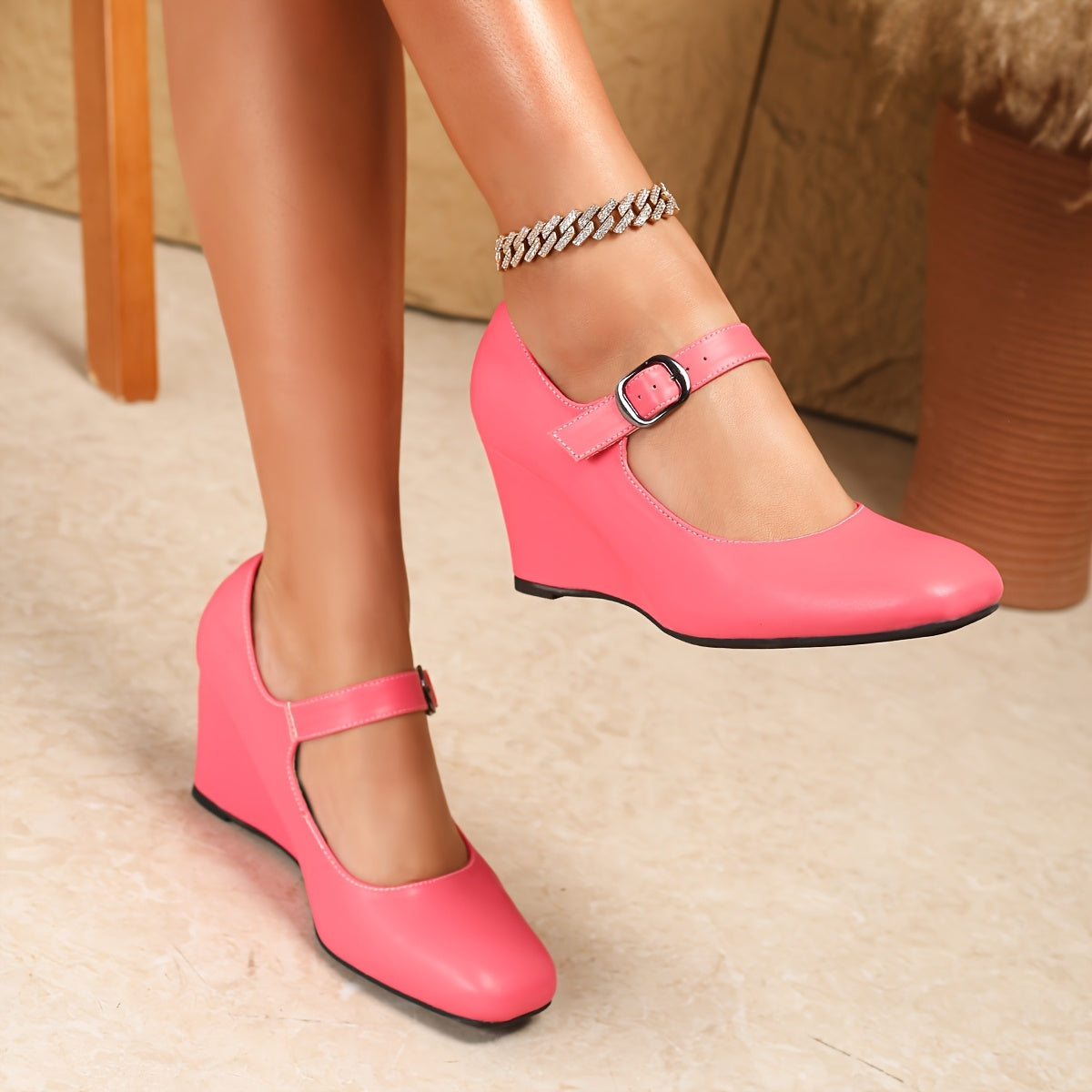 Women's Retro Mary Jane Shoes Square Toe Wedge Heels All-Season Black White Blue Pink