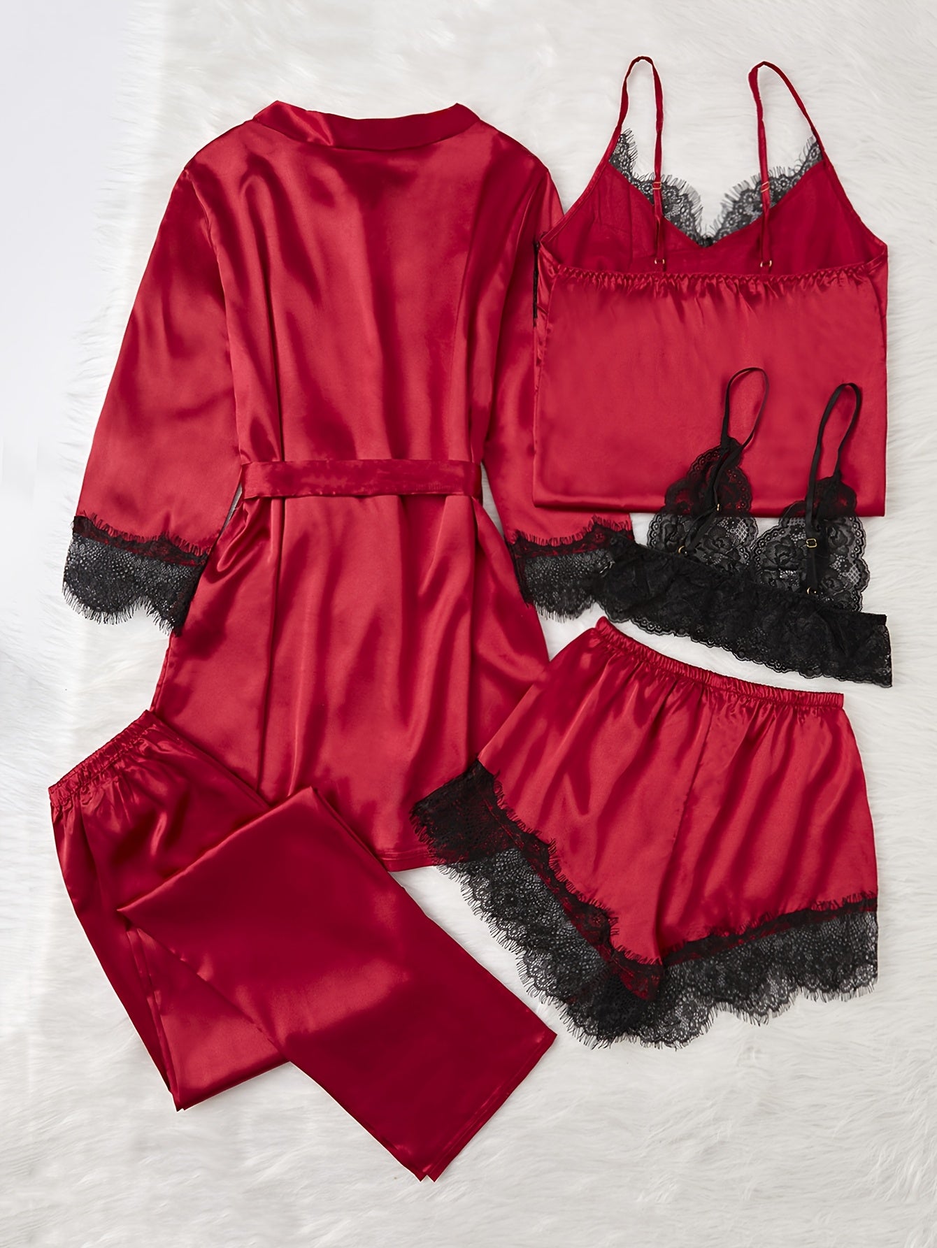 Teen Satin Pajama Set with Lace Detail V-Neck Top Shorts Pants Robe All-Season