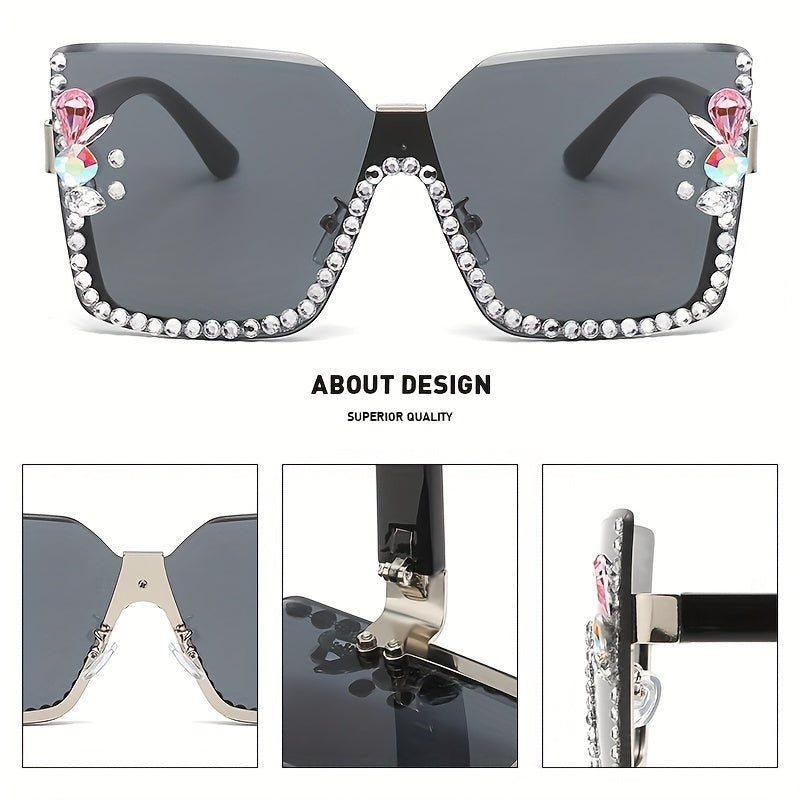 Large Square Rimless Sunglasses with Rhinestones and Gradient Lenses for Women