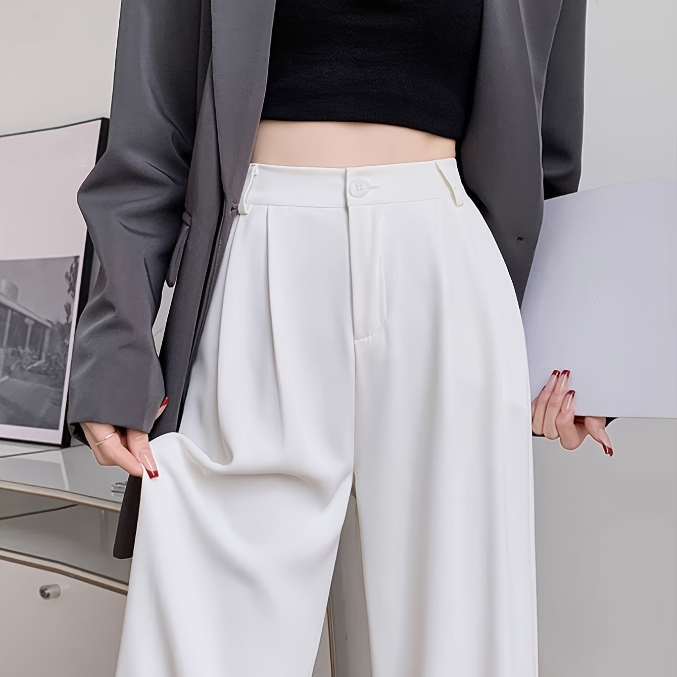 High-Waisted Straight Leg Pants for Women Breathable Wrinkle-Resistant Polyester Elastane