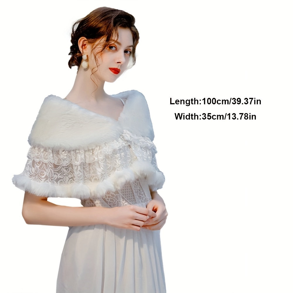 Elegant Bridal Shawl in Baroque Style with White Fur and Lace for Weddings