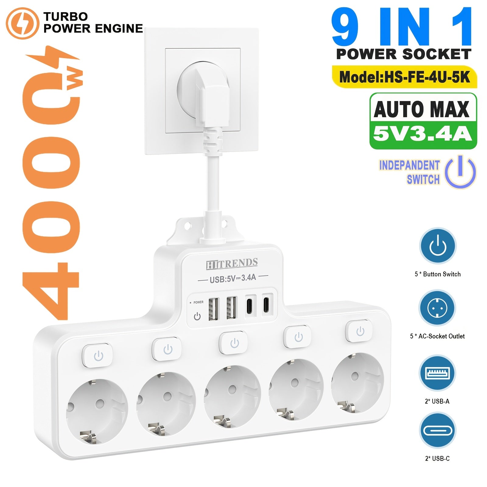 9-in-1 Power Strip with USB C and A EU Sockets Wall Mountable Safe Surge Protector