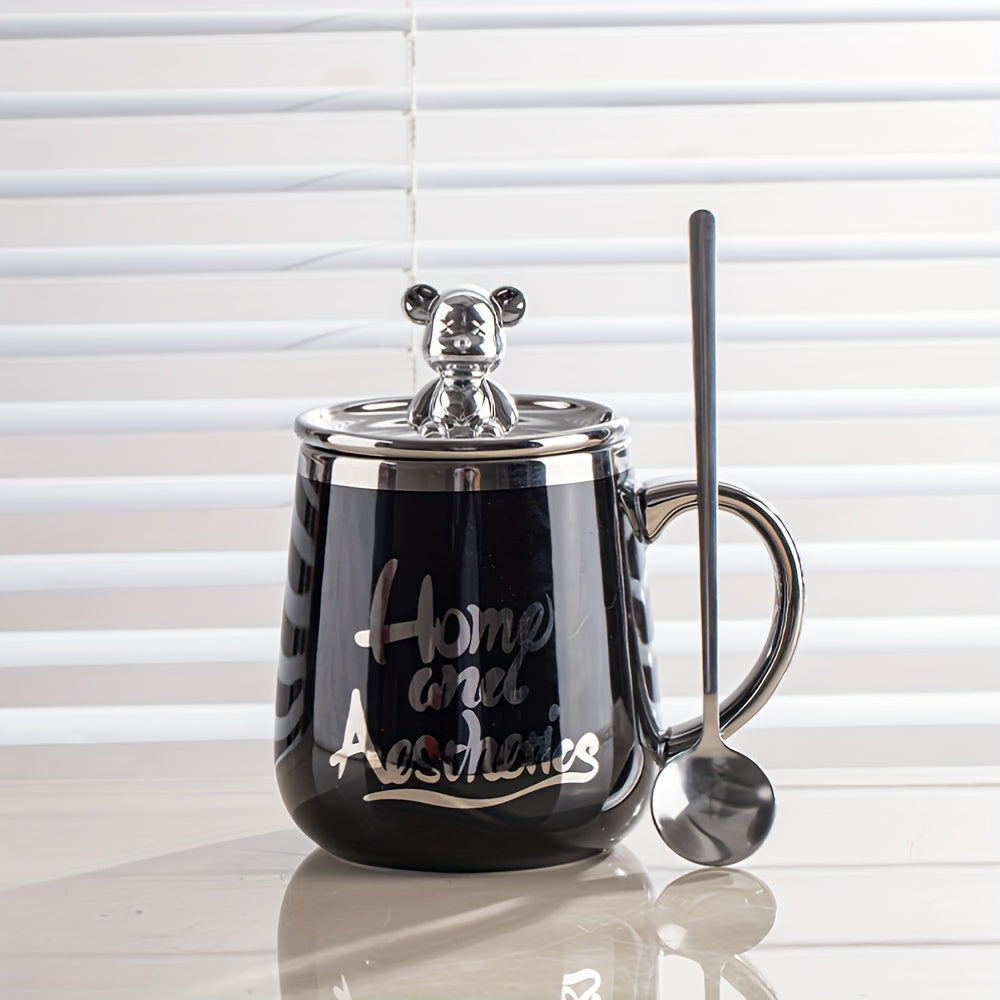 Men and Women Ceramic Coffee Mug with Lid and Spoon for Breakfast and Water