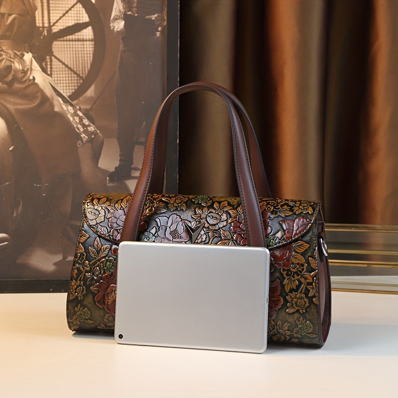 Vintage gullar bilan bezatilgan sumka, olib tashlanadigan kamar bilan, qahva yashil rangda, polyester astar, qistirma yopish va o'rta yoshdagi ayollar uchun zamonaviy xabarchi sumkasi.