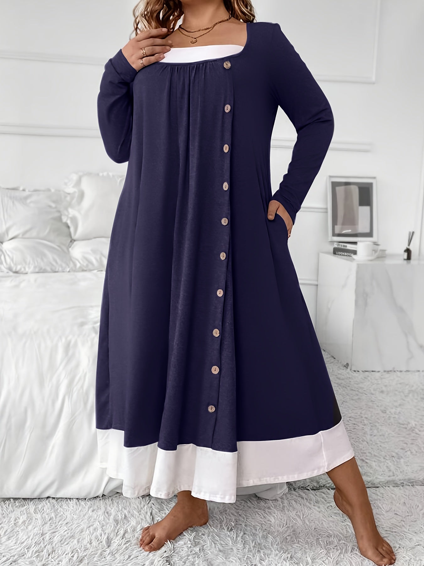Plus Size Women's Sleep Dress Long Sleeve Nightgown Lounge Wear