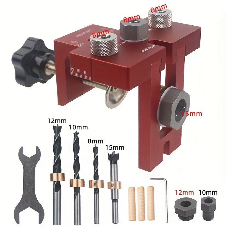 Metal Punch Locator Drill Bit Set with Aluminum Furniture Connector Jig and Eccentric Wheel Hole Punching Tool