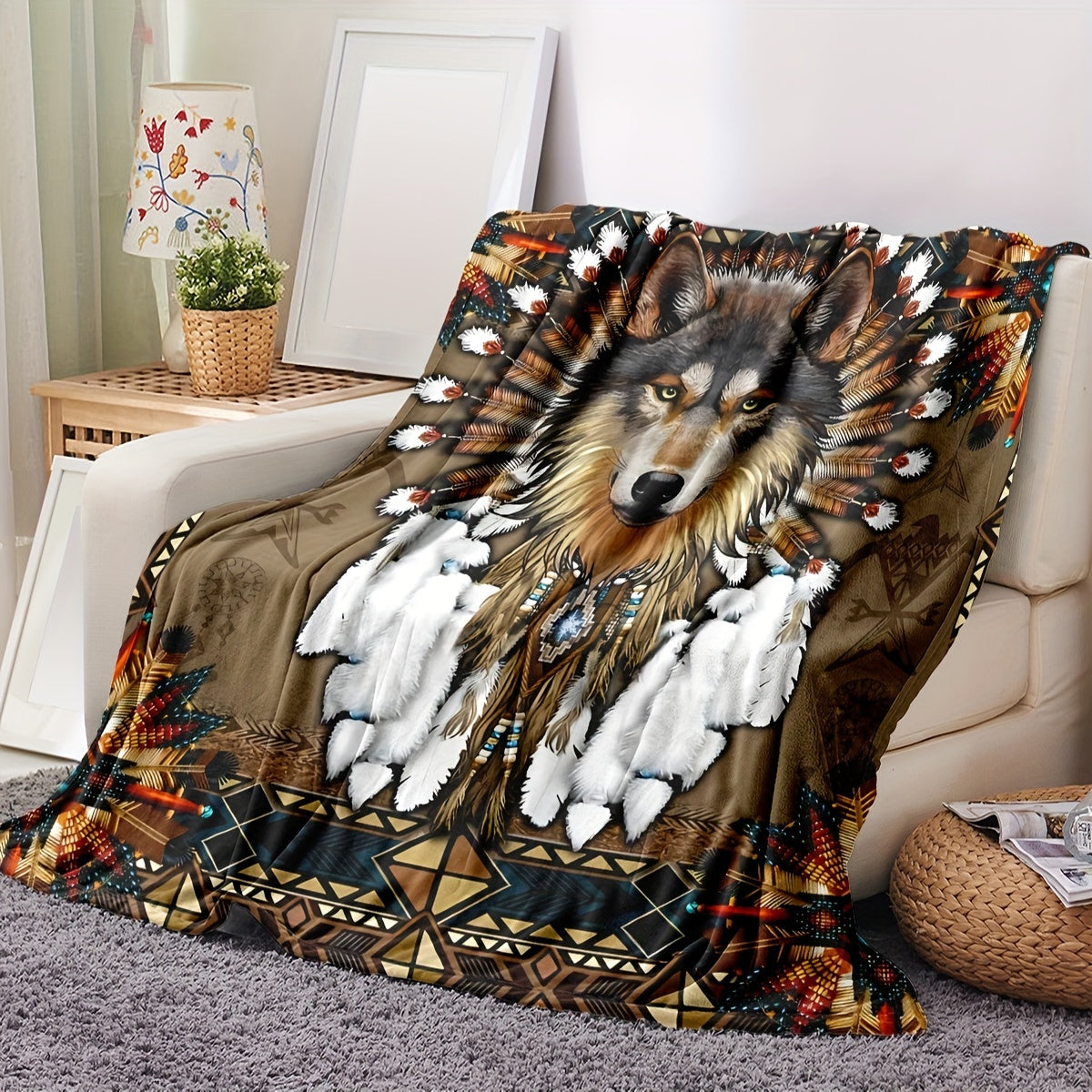 Charming Wolf Design Flannel Fleece Blanket with Rustic Native American Style, Digital Print, Cozy and Warm Throw for Home Decor, 1 Piece