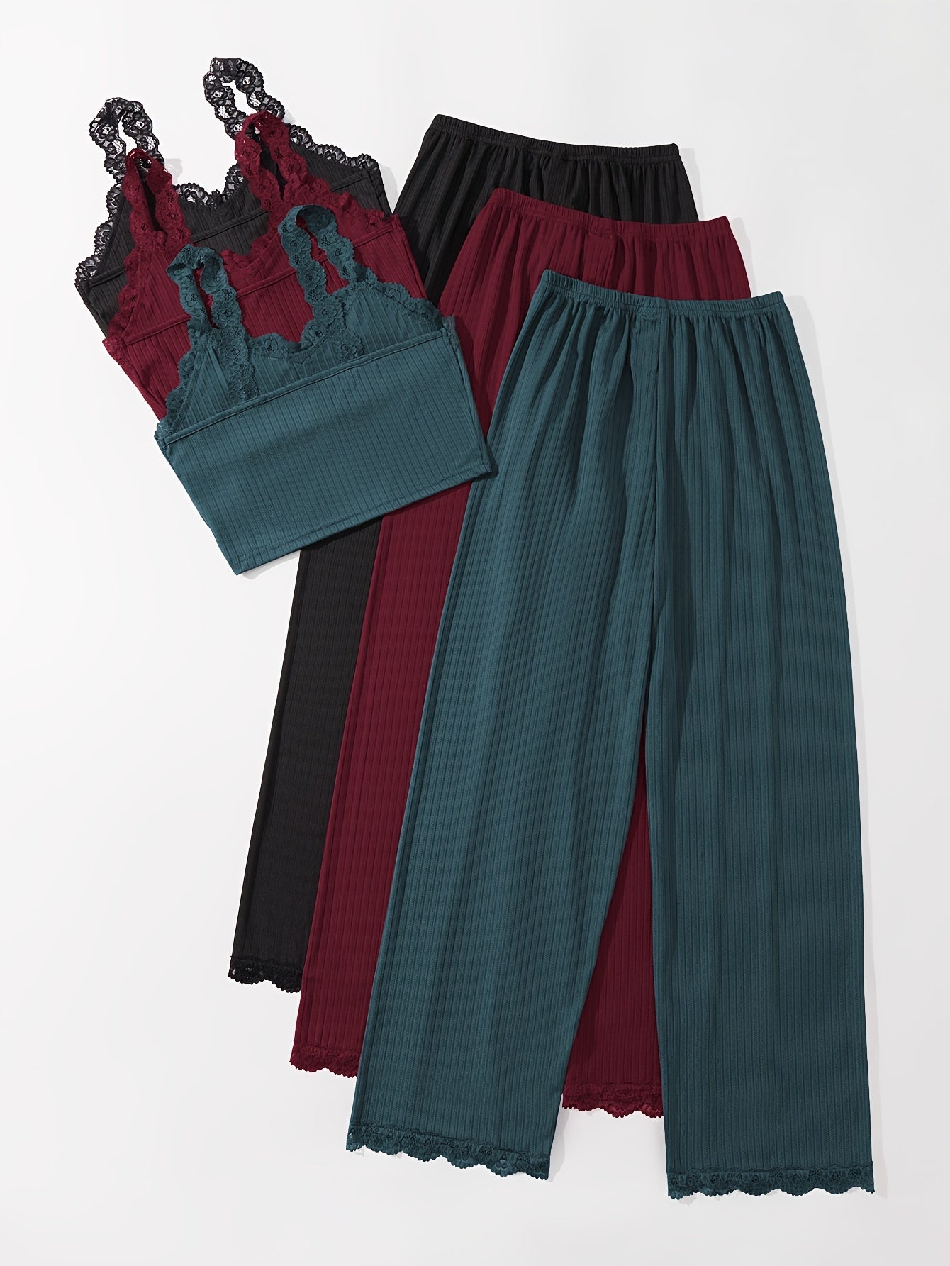 Women's Ribbed Lounge Set with Lace Trim Crop Cami Top and Long Pants