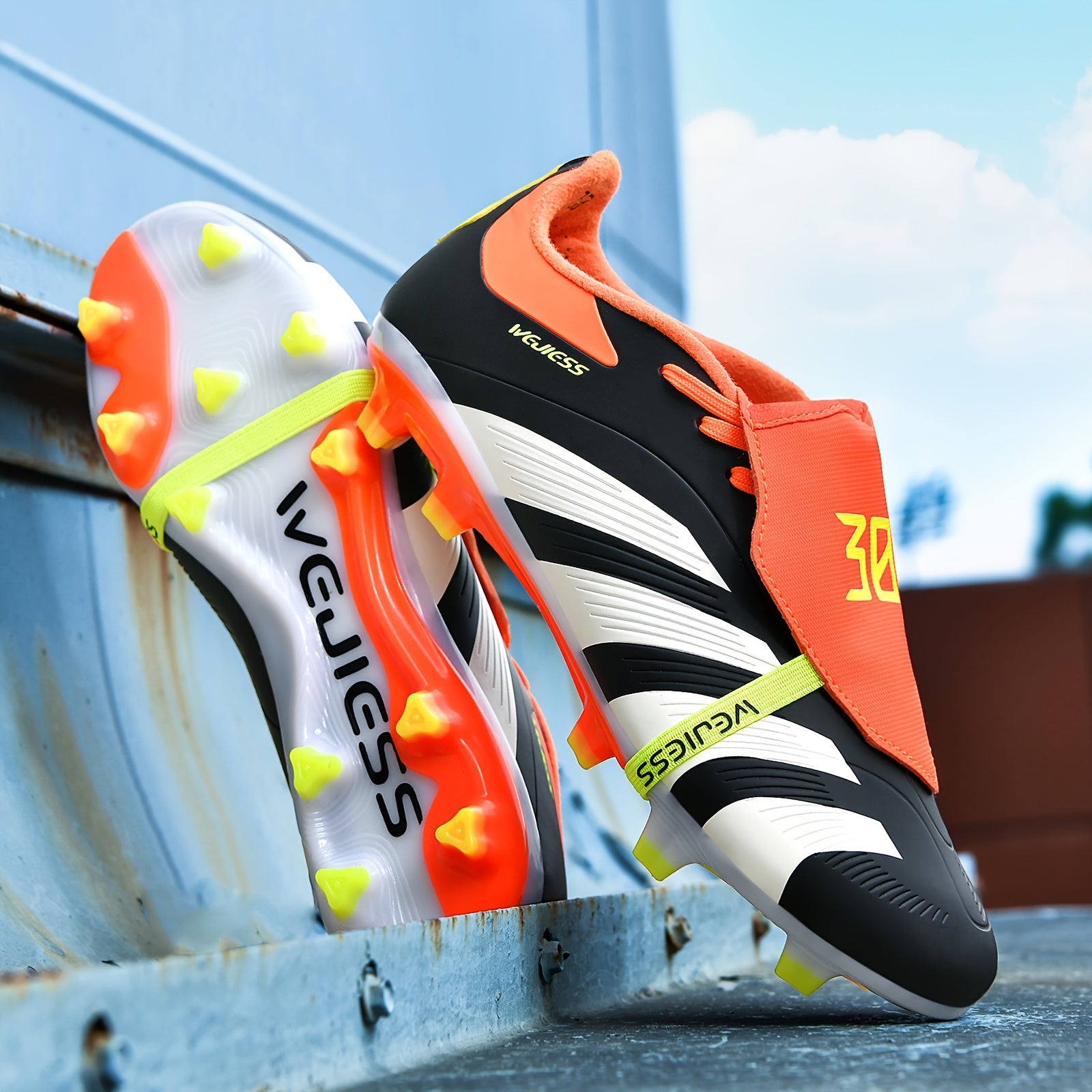 Men's High-Top Soccer Cleats Non-Slip TPU Sole Breathable Fabric Insole Black Striped