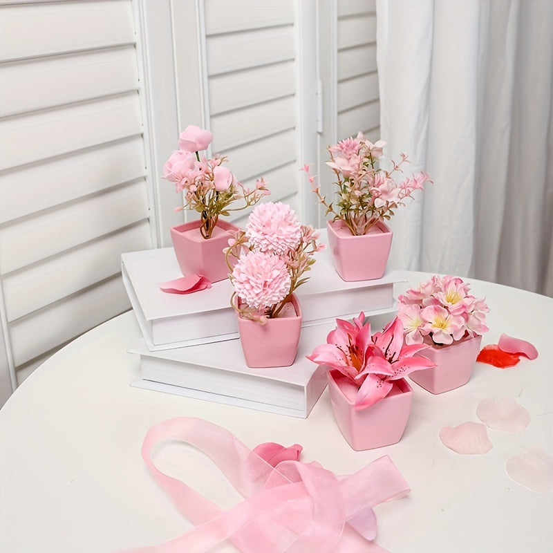 Mini Artificial Pink Flower Arrangements in Plastic Square Pots for Indoor Decor