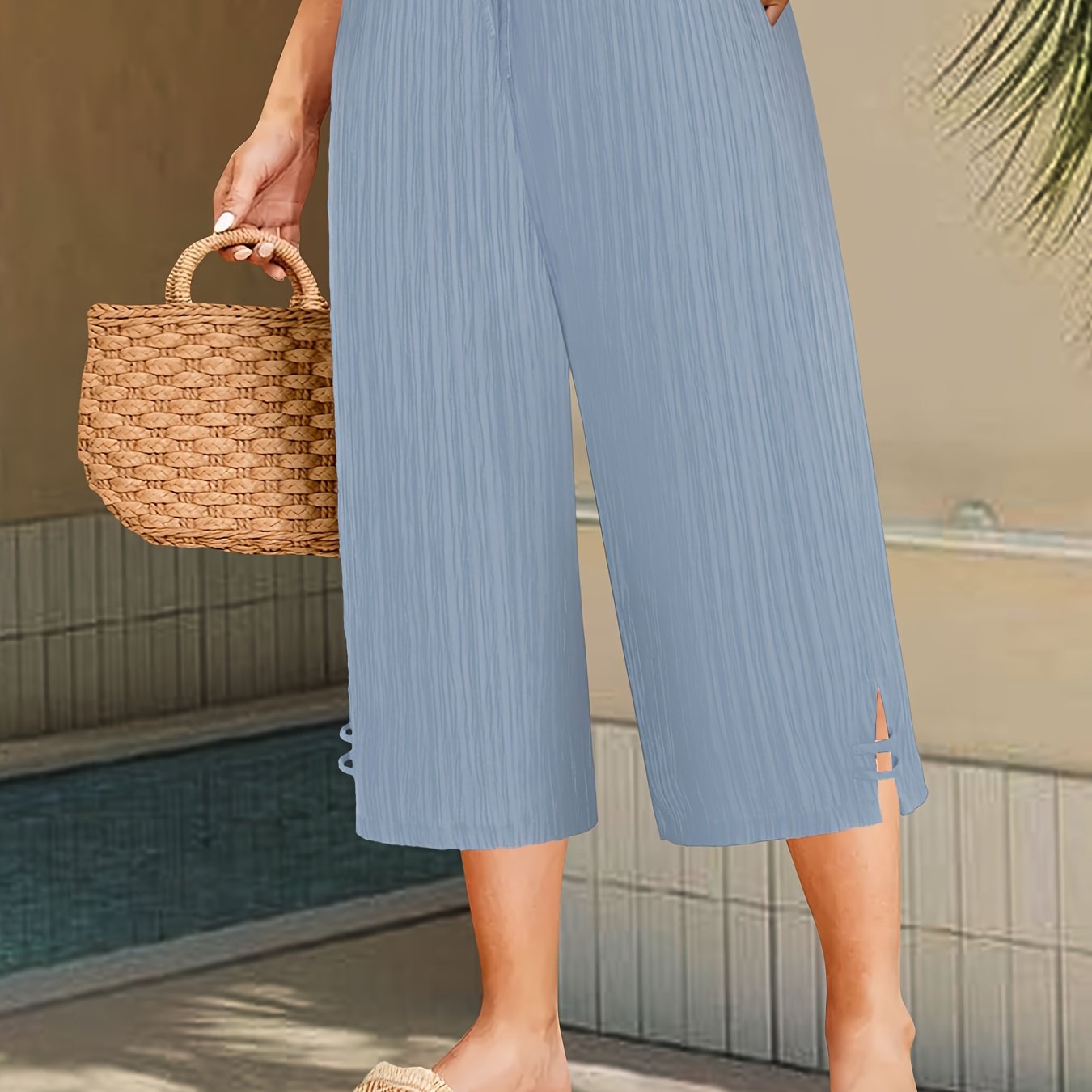 Women's Plus Size Wide Leg Pants with Side Slit Pleated Stripe Beige