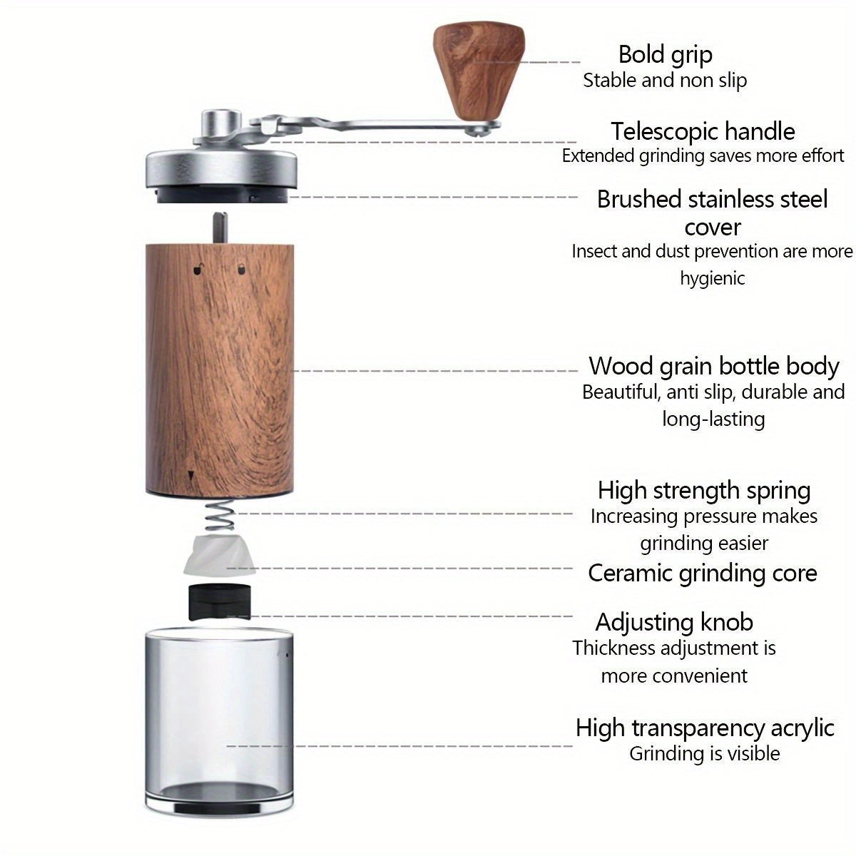 2 piezas de molinillo de café portátil de manivela con cuerpo de acero inoxidable, mango de madera y cepillo de limpieza