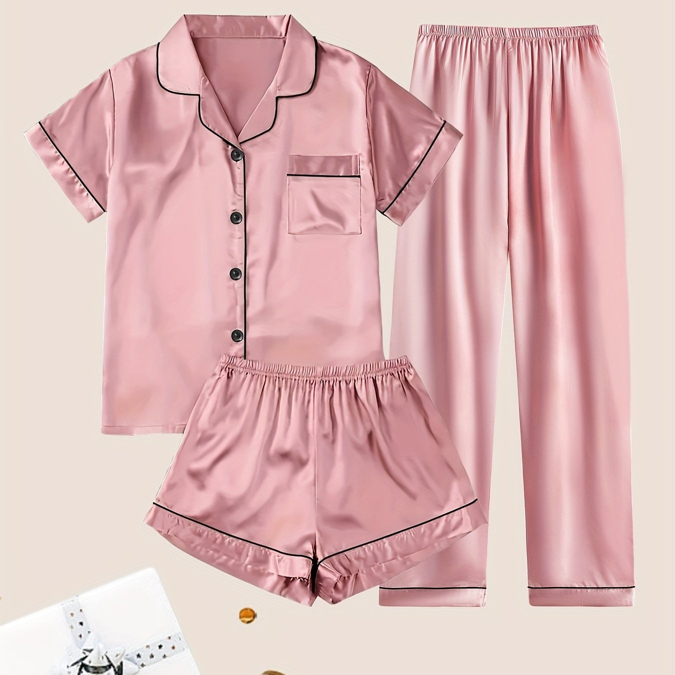 Women's Satin Pajama Set Short Sleeve Button Top Shorts or Pants Casual Sleepwear