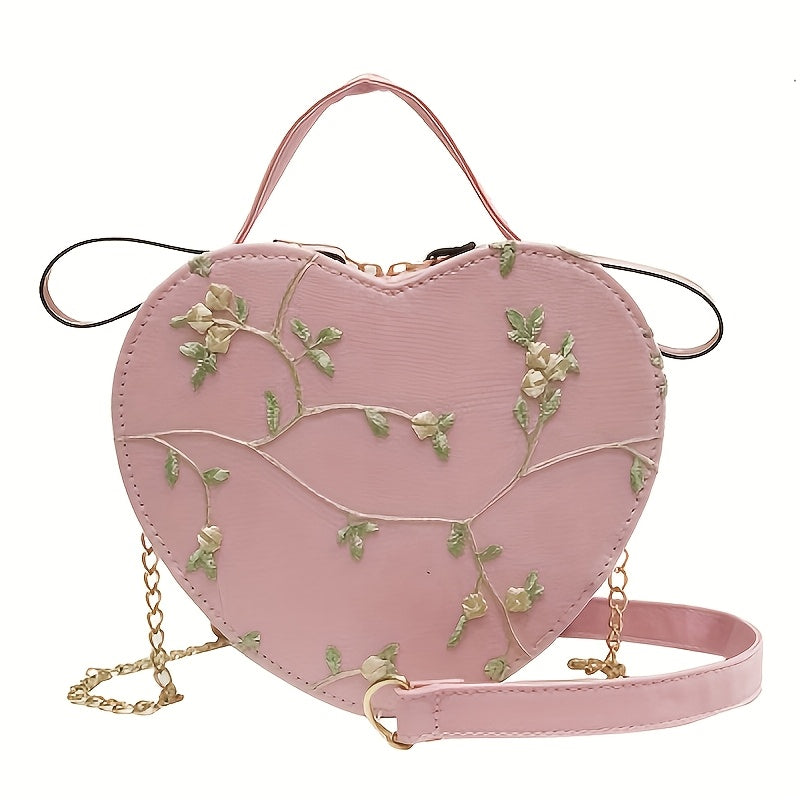 Women's Floral Heart Crossbody Bag with Zipper Closure Pink Green Embroidered PU