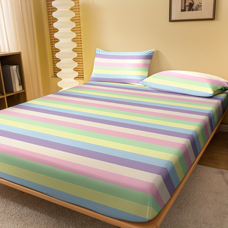 Striped Brushed Fitted Sheet Deep Pocket Mattress Protector for Bedroom Guest Room