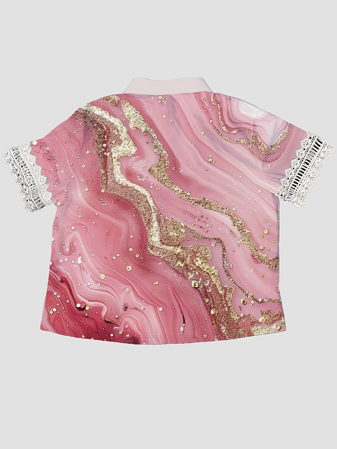 Women's Marble Print Short Sleeve Blouse with Lace Detail Summer Fashion
