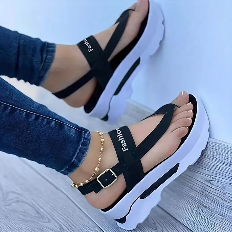 Women's Open-Toe Wedge Sandals With Buckle Straps Summer Flat Polyurethane