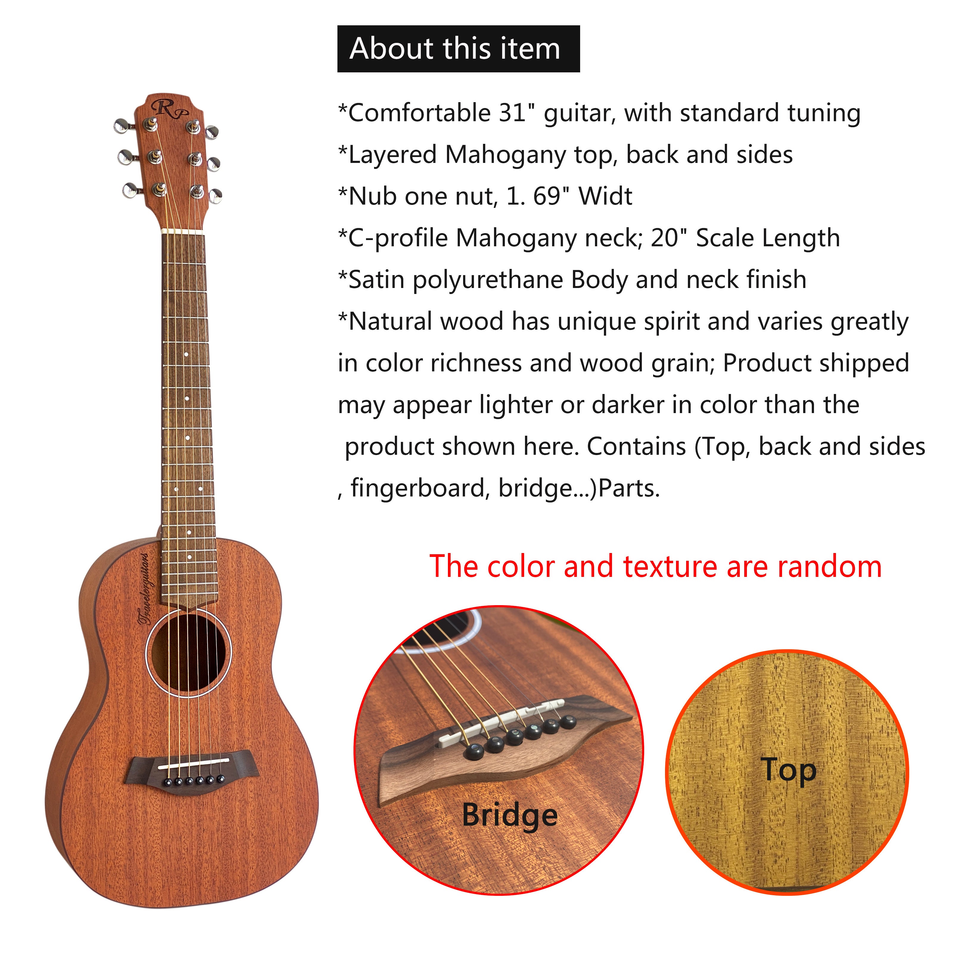 Travel Acoustic Guitar 76.2cm Sapele Back and Sides Rosewood Neck for Beginners and Family Use