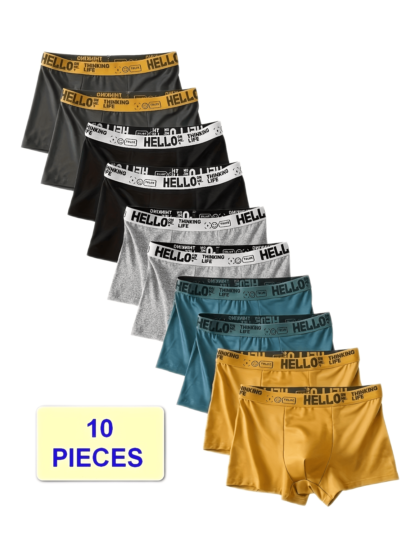 10 ta to'plam erkaklar uchun boxer shortlari, zamonaviy dizayn, nafas oladigan polyester va spandeks mato, o'rtacha cho'zilish.