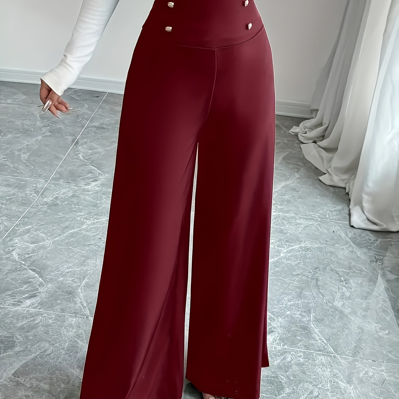 Women's Plus Size High-Waist Tummy Control Wide Leg Pants Polyester Knit Solid Color