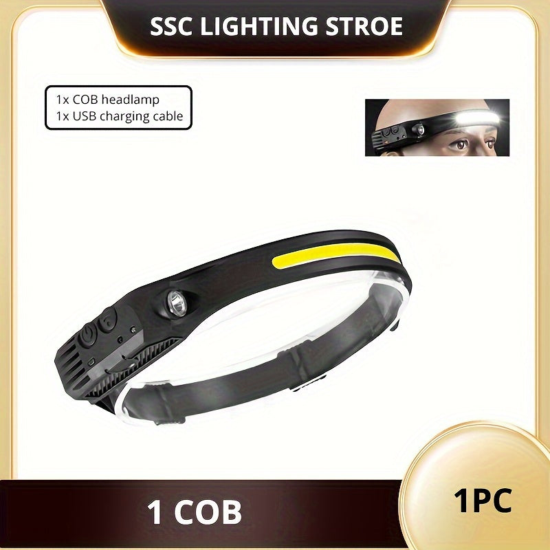 USB Rechargeable LED Headlamp with Motion Sensor for Camping Hiking Running and Fishing