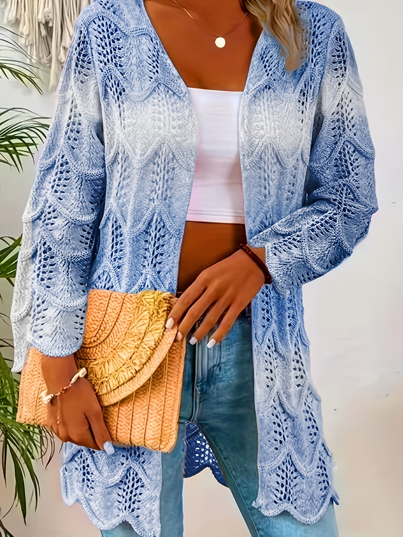 Ayollar uchun kengaytirilgan o'lchamdagi ochiq old qismli uzun qo'lqopli kardigan, yengil, rang-barang blokli, laced