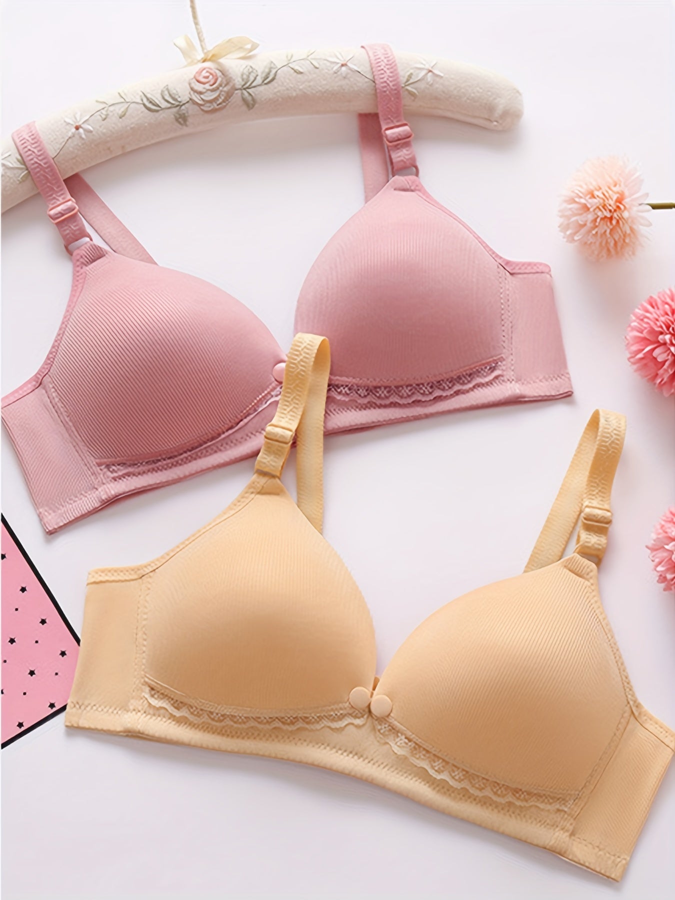 Pack de 2 sujetadores de lactancia para amamantar, rosa suave, beige, encaje, correas ajustables, cierre frontal