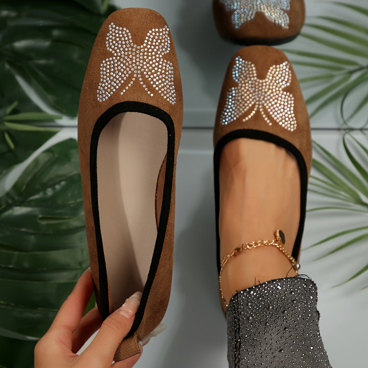 Ayollar uchun rhinestone bilan bezatilgan bow flats qora kvadrat botiq Mary Jane poyabzal, osongina kiyiladi