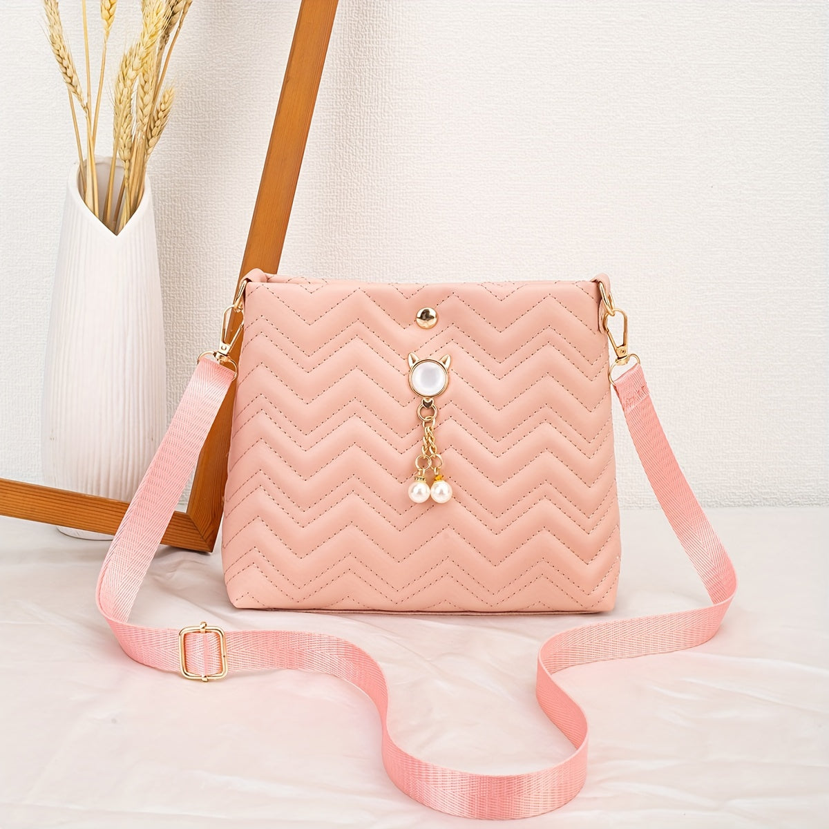 Quilted Crossbody Bag with Adjustable Strap Faux Pearl Embellishment Chevron Pattern in Khaki White Pink Black