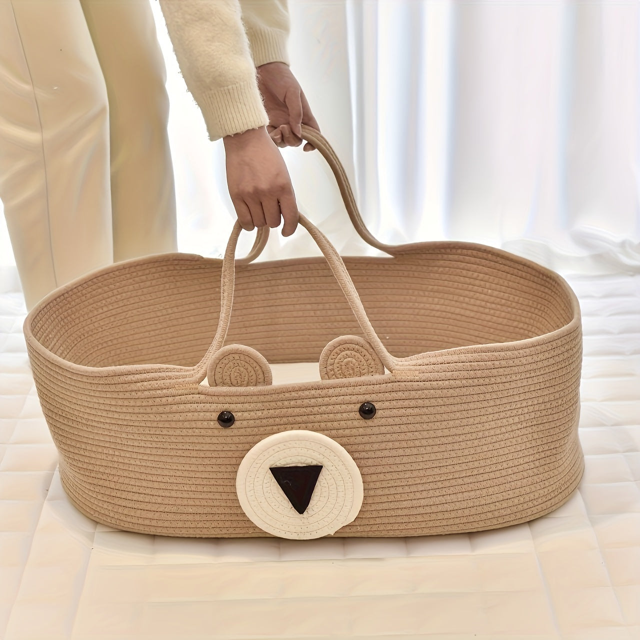 Woven Storage Basket for Kids with Bear Design Large Capacity Car Seat Carrier Organizer