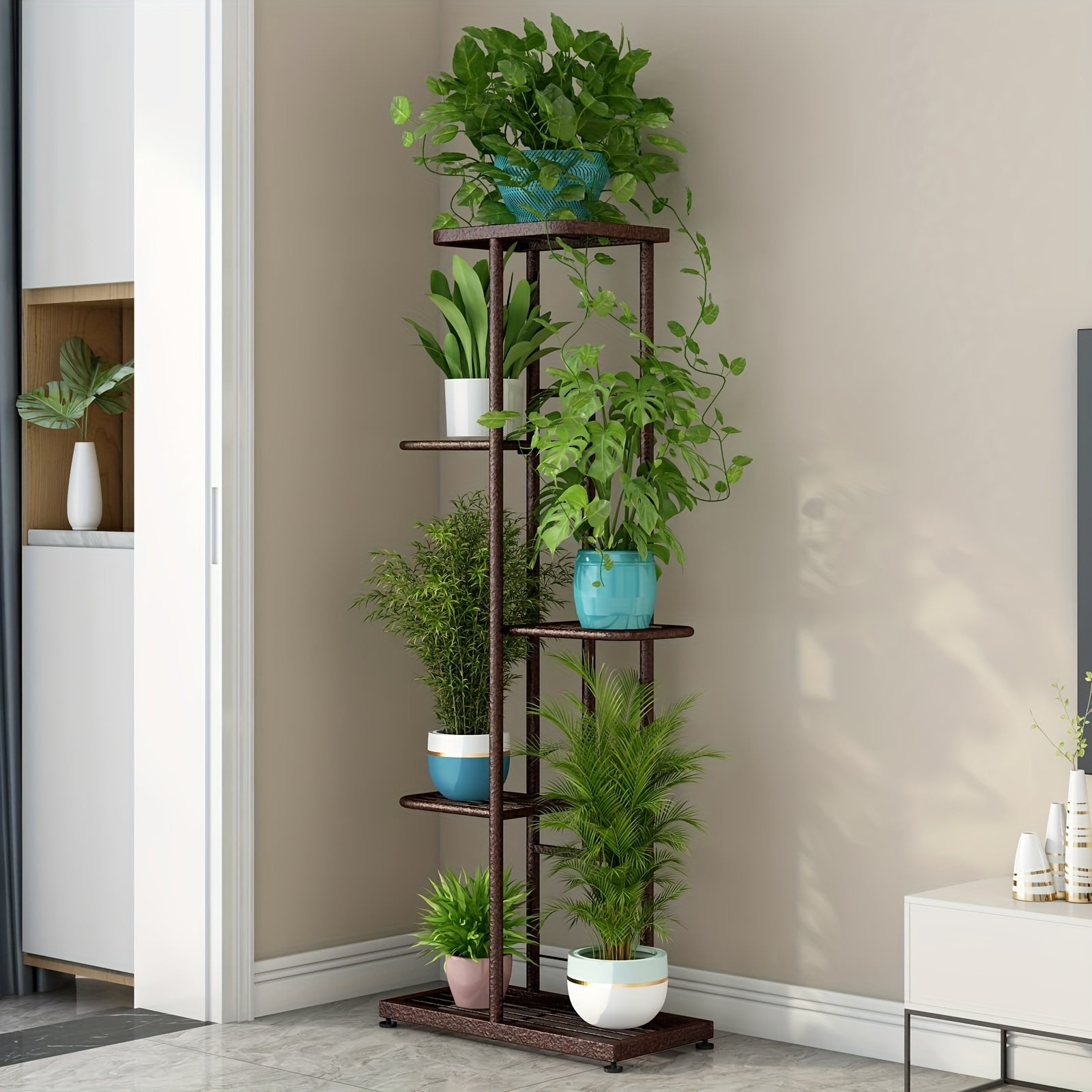 Metal 5-Tier Plant Stand with 6 Pots Indoor Outdoor Display Shelf for Patio Garden Balcony Living Room